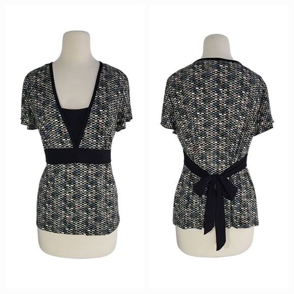 Vintage 90s Babydoll Top Black Green Geometric Flutter Short Sleeve Bow Boho USA - Picture 1 of 15